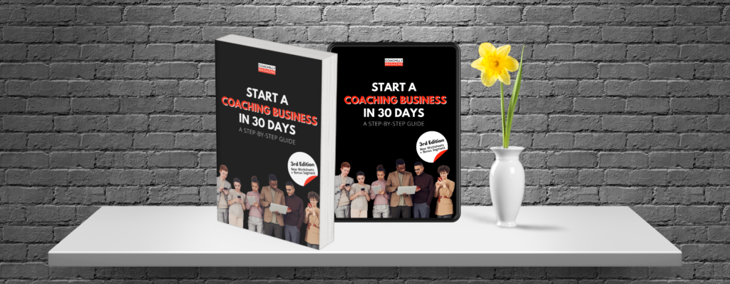 Start a Coaching Business in 30 Days - Illustrative Banner with Print Edition and Kindle Edition Books on bookshelf