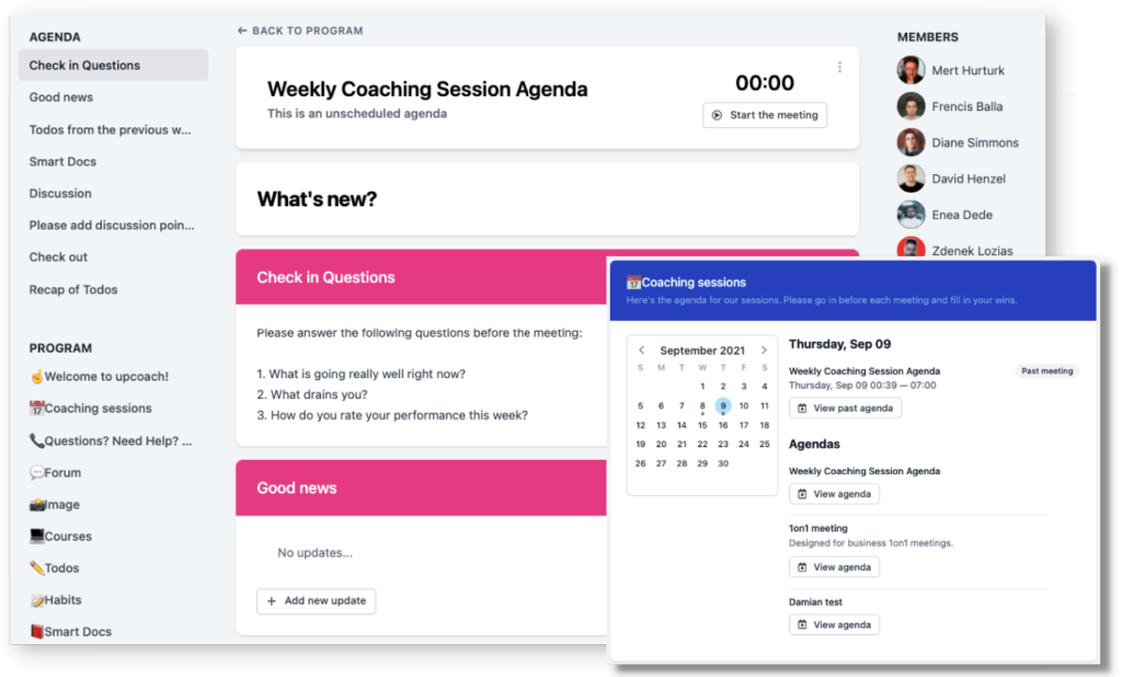 Upcoach - Screenshot of the Online Coaching Software Platform - Review 2023