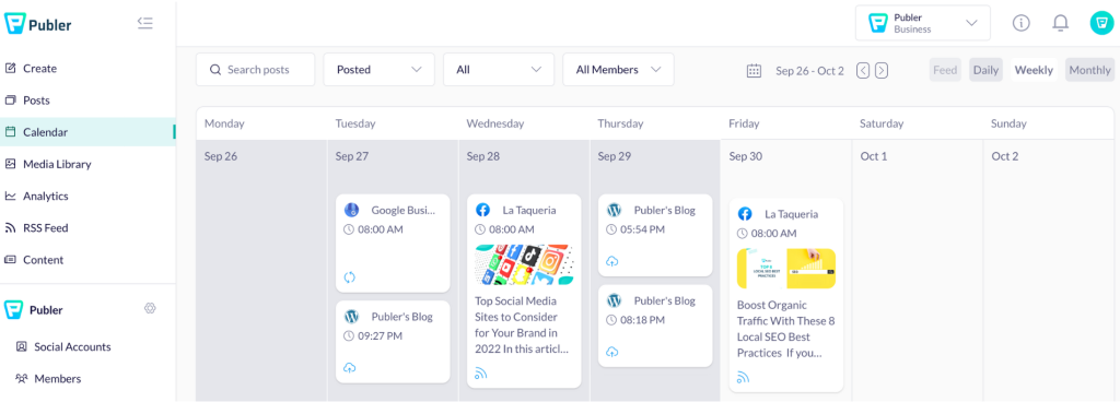 Content Calendar - social media calendar planner example by Publer