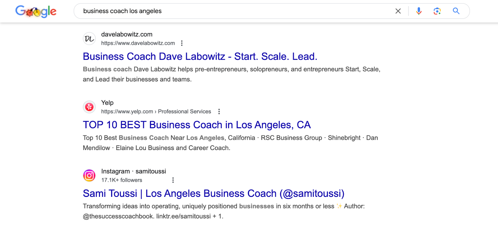 Example of Google search results for a local business coach