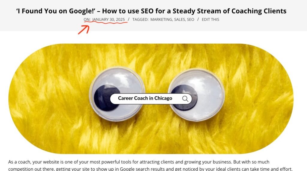 Screenshot showing an example of an article that includes a post date - AI visibility for coaches article