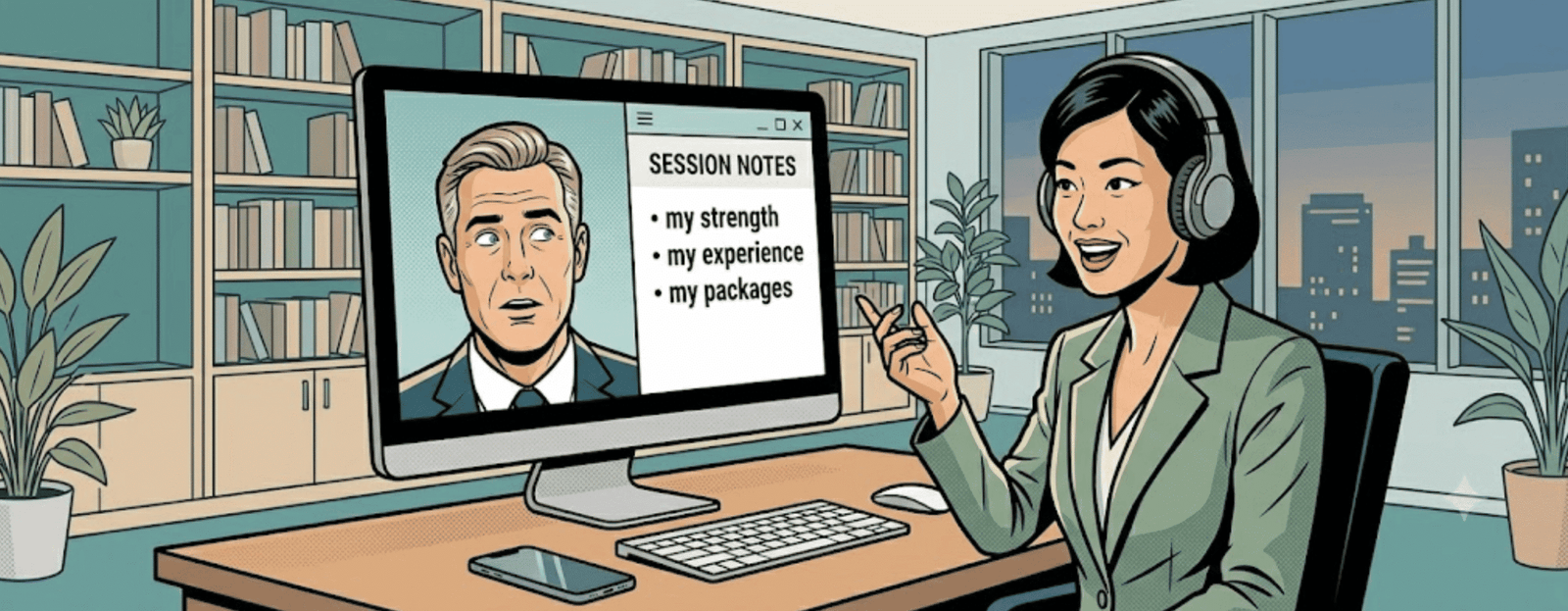 Decorative banner image for the coaching language audit showing a coach in a discovery call with a prospect