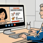 AI Monetization for Coaches - banner image in comic style depicting a coach using AI to help coaching clients