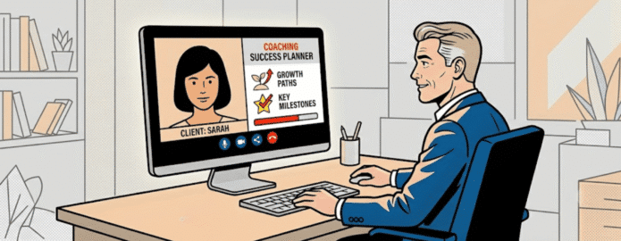 AI Monetization for Coaches - banner image in comic style depicting a coach using AI to help coaching clients