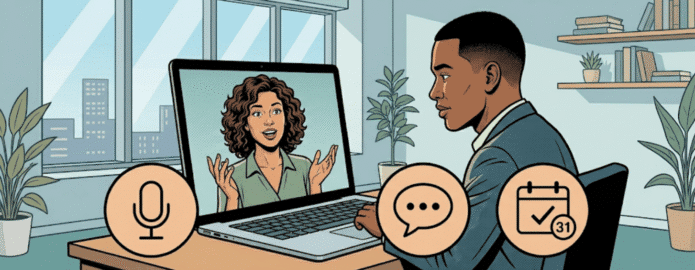 Illustration of a coach at a laptop surrounded by simple icons for a microphone, a chat bubble, and a calendar, representing the small set of AI tools coaches actually use