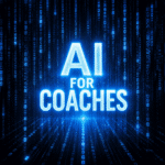 Illustration of a coach at a laptop surrounded by simple icons for a microphone, a chat bubble, and a calendar, representing the small set of AI tools coaches actually use