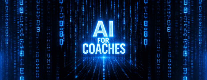 Illustration of a coach at a laptop surrounded by simple icons for a microphone, a chat bubble, and a calendar, representing the small set of AI tools coaches actually use
