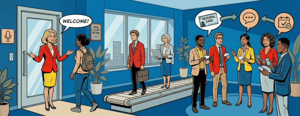 Coach receiving a client from a client referral system - decorative article banner