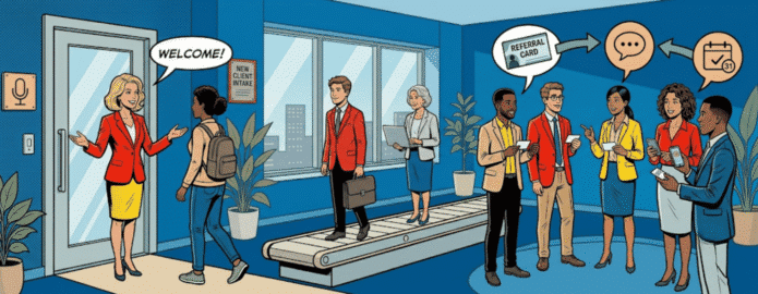 Coach receiving a client from a client referral system - decorative article banner